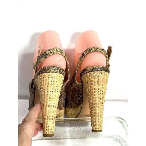 Stuart Weitzman for Scoop Snake Platform Heels Sandals Jute Straw Peep Toe Ankle - Picture 4 of 12